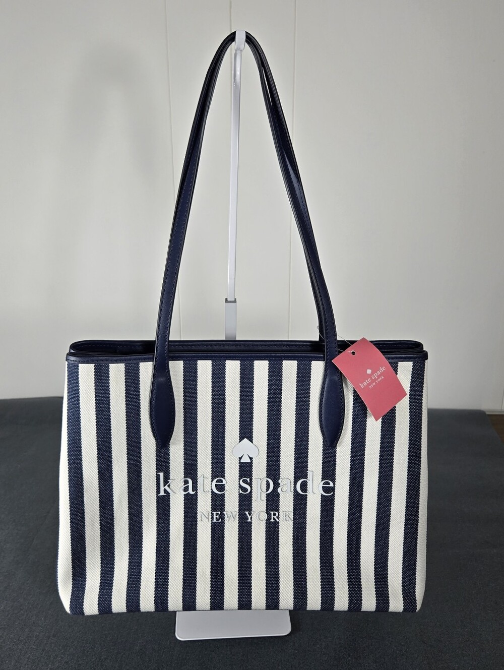 kate spade Navy & White Vertical Stripe Canvas Tote with Leather Handles